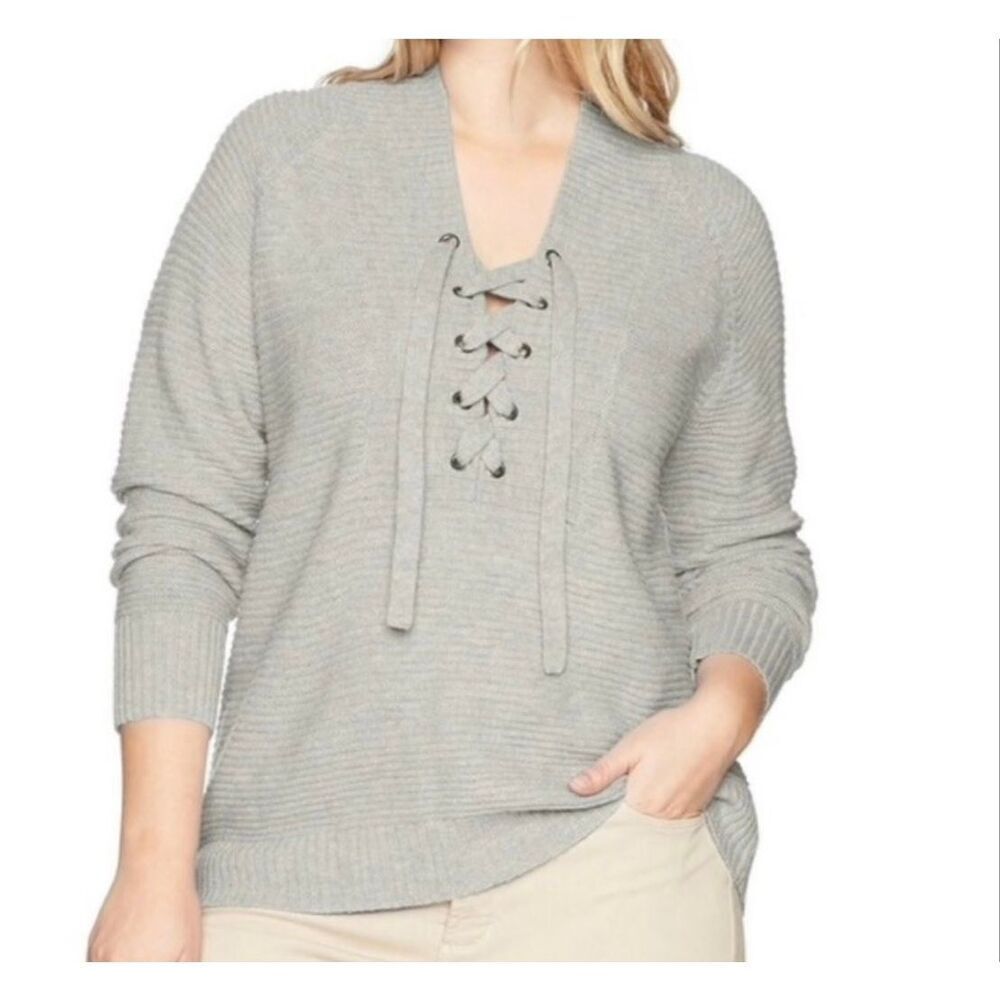Lucky Brand grey lace up neck wool blend sweater size 2x